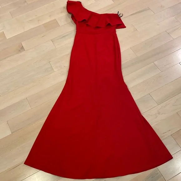 open lace back dress Final Sale Plus Size One Shoulder Ruffle Trim Gown in Red main image 1